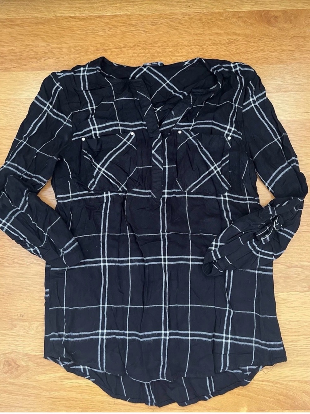 Jones New York Women’s Black White Plaid 3/4 Sleeve Blouse Size Small